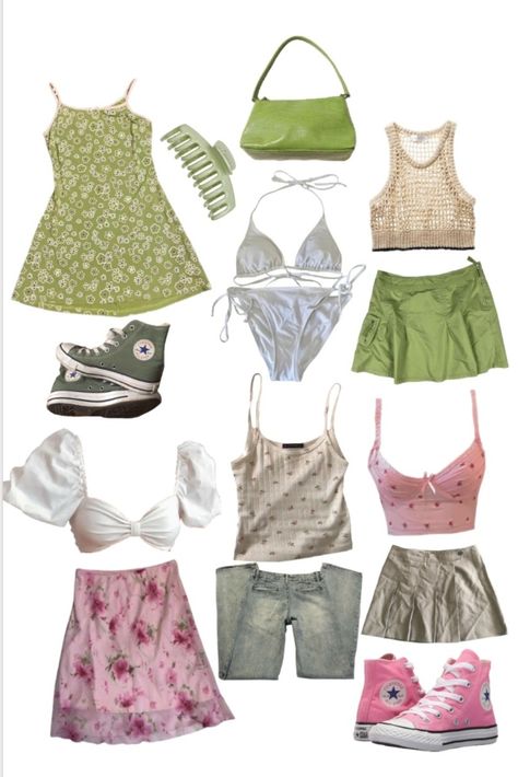 Green And Pink Fits, Pink And Green Aesthetic Outfits, Cute Spring Fits, Summer Outfit Collage, Y2k Pink Fashion, 80s Summer Outfits, Pink Outfits Aesthetic, Pink Y2k Outfit, Fairy Core Outfits