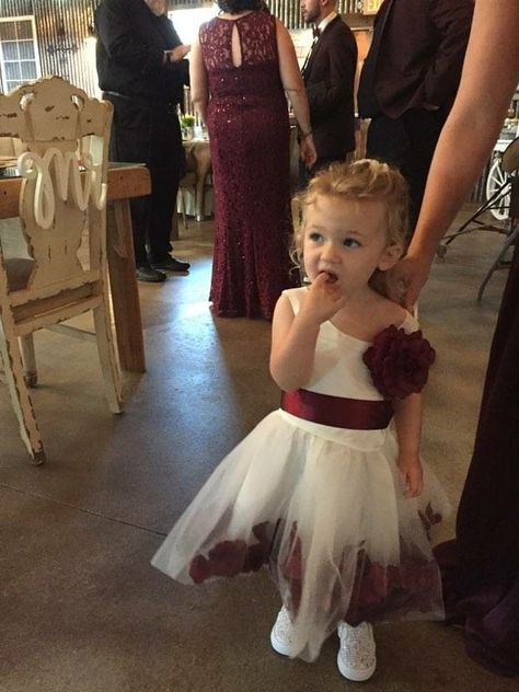 Burgundy flower girl dress with petals Fall Flower Girl, Burgundy Flower Girl Dress, Navy Gold Wedding, Flower Children, Toddler Flower Girls, Champagne Dress, Burgundy Flowers, Girl Princess Dress, Burgundy Wedding