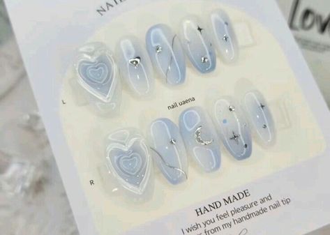 Asian Nail Inspiration, Blue Nails Korean Style, Korean Nail Inspiration, Korean Gel Nails Blue, New Jeans Nails Kpop, Nail Korean Style Blue, Nail Korean Style Cute, Blue Korean Nails, Soft Blue Nails