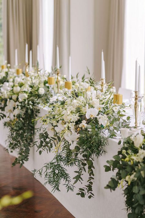 Tablescape with Gold Candles | Credit: Jani B & Bright and Beautiful Wedding Table Decorations Elegant, Wedding Reception Candles, Wedding Reception Head Table, Candles Reception, Reception Head Table, Wedding Top Table, Table Floral Arrangements, Wedding Reception Lighting, Head Tables