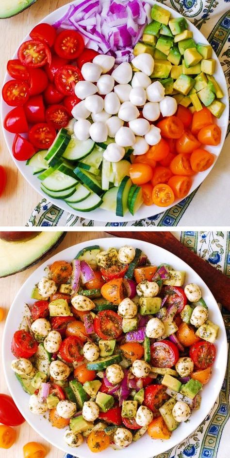 Avocado Salad with Mozzarella, Basil Pesto, Tomatoes, Cucumbers #Mediterranean Pesto And Mozzarella, Resep Salad, Resep Diet, Idee Pasto, Makanan Diet, Health Dinner, Läcker Mat, Health Dinner Recipes, Basil Pesto