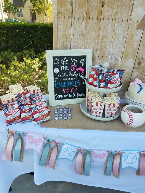 Baseball Gender Reveal Party Food, Sports Theme Gender Reveal Ideas, Baseball Vs Bows Gender Reveal, Baseball Themed Gender Reveal Party, Baseball Or Bows Gender Reveal Decor, Baseball And Bows Gender Reveal Ideas, Baseballs And Bows Gender Reveal, Baseball Gender Reveal Party Decorations, Baseballs Or Bows Gender Reveal Party