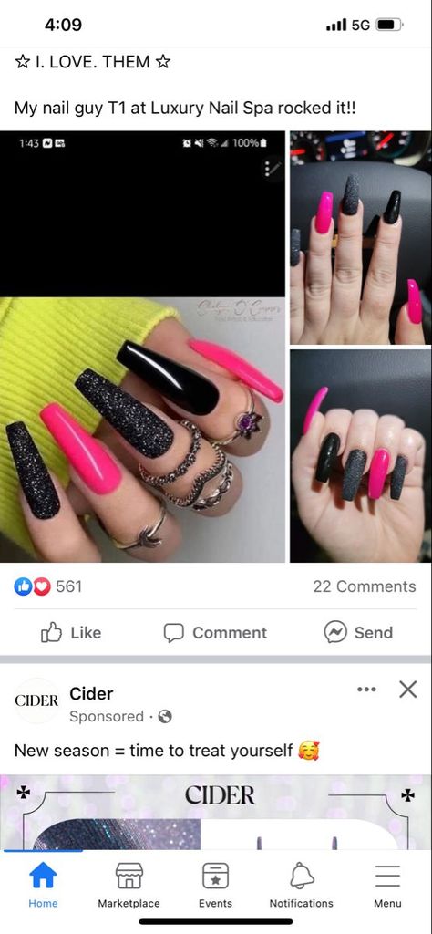 Hot Pink And Black Glitter Nails, Hot Pink Fall Nails, Magenta And Black Nails, Black Monochrome Nails, Black And Pink Glitter Nails, Hot Pink Nails With Rhinestones, Neon Pink And Black Nails, Hot Pink And Black Nails, Silver And Pink Nails