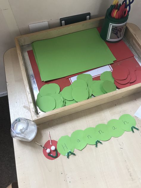 Name Writing Eyfs Activities, Very Hungry Caterpillar Activity, Hungry Caterpillar Name Craft, Crunching Munching Caterpillar Eyfs, Eyfs Hungry Caterpillar Activities, The Hungry Caterpillar Eyfs, Name Writing Eyfs, Hungry Caterpillar Tuff Tray Ideas, The Very Hungry Caterpillar Activities For Preschoolers