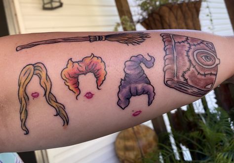 Hocus Pocus Broom Tattoo, Sanderson Sisters Tattoo Ideas, Winifred Sanderson Tattoo, Hocus Pocus Book Tattoo, Sanderson Sisters Tattoo, Halloweentown Tattoo, Hocus Pocus Tattoo, Halloween Tattoos Sleeve, Pumpkin Tattoo