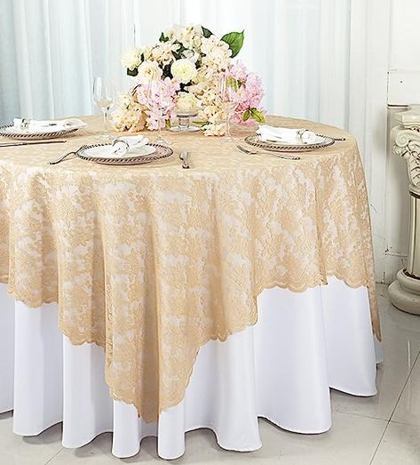 Amazon.com: Wedding Linens Inc. 72 in x 72 in Lace Table Overlays, Lace Tablecloths Square, Lace Table Overlay Linens, Lace Table Toppers for Wedding Decorations, Events Banquet Party Supplies - Champagne : Home & Kitchen Wedding Table Overlays, Lace Tablecloth Wedding, Champagne Wedding Themes, Wedding Table Toppers, Table Cloth Decorations, Table Overlays, Quince Ideas, Banquet Party, Petite Table