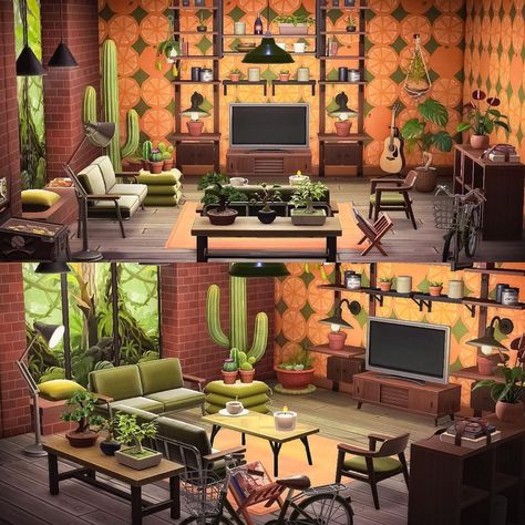 Acnh 70s House, Acnh Mid Century Modern, Acnh Retro Designs, Animal Crossing 70s, Acnh Western Theme Interior, Mid Century Modern Animal Crossing, Animal Crossing Retro Room, Animal Crossing Pc, Mid Century Modern Living Room