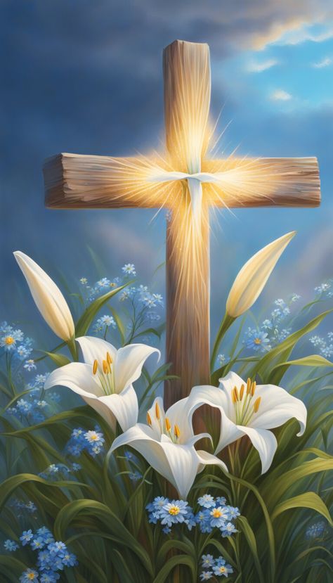 Easter cross, lilies and forget-me-not flowers - AI creation Pretty Cross Wallpaper, Christian Scripture Art, Good Night Love Pictures, Lion Of Judah Jesus, Cross Pictures, Jesus Christ Painting, Cross Wallpaper, Beautiful Scenery Photography, Jesus Christ Artwork