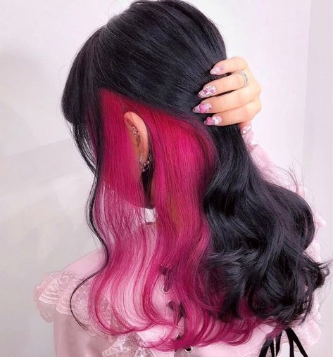 Pink Underneath Hair, Black And Pink Hair, Pink Peekaboo Hair, Pink Hair Streaks, Dark Pink Hair, Underneath Hair Color, Pink And Black Hair, Blonde Dye, Underneath Hair