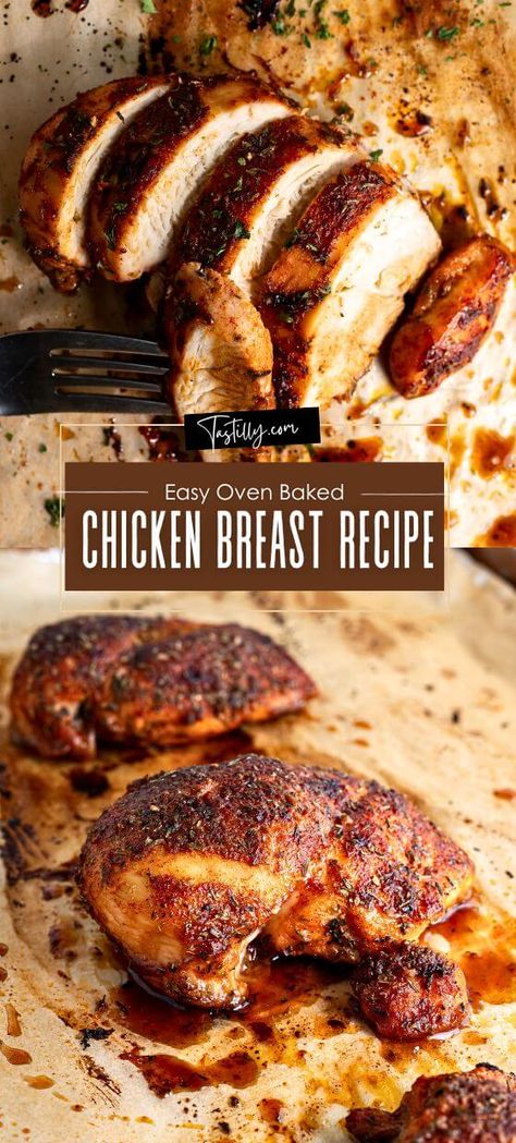 Easy Oven Baked Chicken Breast Recipe via @tastillyb Tasty Baked Chicken Recipes, Baked Chicken Breast Bone In, Baked Chicken Breast Recipes Boneless, Easy Oven Baked Chicken Breast, Split Chicken Breast Recipes, Oven Chicken Breast Recipes, Golf Snacks, Oven Bbq Chicken Breast, Chicken Breast Recipes Oven