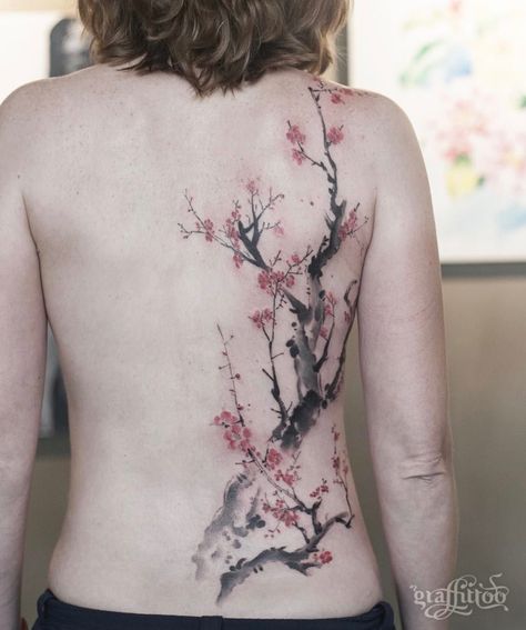 Cherry Tree Tattoos, Watercolor Tattoo Tree, Cherry Blossom Tree Tattoo, Tree Tattoo Back, Blossom Tree Tattoo, Sakura Tattoo, Tattoo Back, Tree Tattoo Designs, Inspiration Tattoos