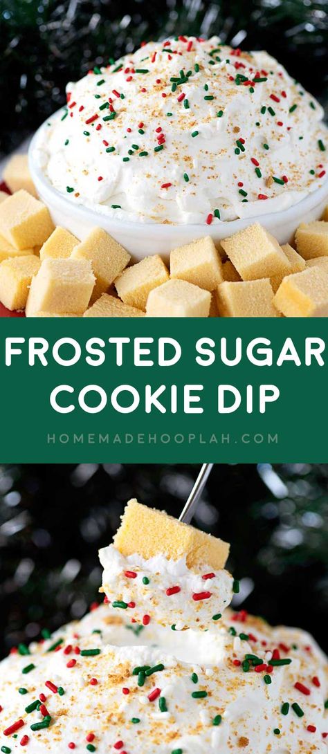 Frosted Sugar Cookie Dip! A fluffy dip made with International Delight Frosted Sugar Cookie Creamer and served fondue style with cubes of spongy pound cake. #ad #HolidayDelight #IDelight | HomemadeHooplah.com Sugar Cookie Creamer, Sugar Cookie Dip, Cookie Dip, Diy Easy Recipes, Yummy Sugar Cookies, Cheesecake Dip, Sweet Dips, Brownie Desserts, Dessert Aux Fruits