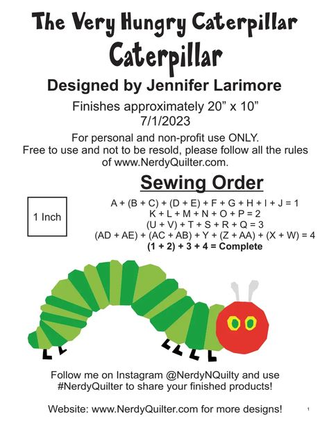 Very Hungry Caterpillar_Caterpillar (20x10)_J. Larimore_7-1-23.pdf Hungry Caterpillar Knitting Free Pattern, Very Hungry Caterpillar Quilt, Plushie Patterns, Eric Carle, Very Hungry Caterpillar, Very Hungry, Hungry Caterpillar, Quilt Ideas, Story Time