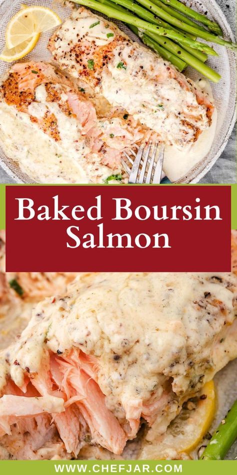 Experience the luxurious taste of Baked Boursin Salmon, where tender salmon fillets meet the creamy, herb-infused richness of Boursin cheese. An easy yet sophisticated dish that's perfect for impressing at dinner parties or enjoying a cozy night in. Boursin Salmon, Baked Boursin, Boursin Cheese Recipes, Boursin Recipes, Salmon Recipes Baked Healthy, Fish Dinner Recipes, Seafood Entrees, Seafood Chowder, Boursin Cheese