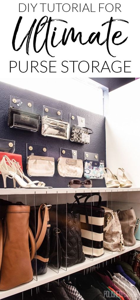 The perfect purse storage solution for your dream closet! Create clear dividers for larger purses, and display clutches on the wall as organized art. Organizing Purses In Closet, Kids Shoe Storage, Art Organizer, Diy Purse Organizer, Closet Diy, Organized Closet, Closet Planning, Organization Closet, Wallet Storage