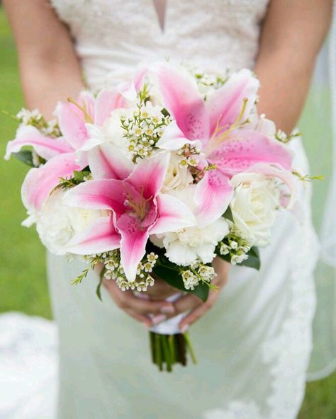 Bridal bouquet consisting of lilies and roses made by Watanabe Floral. Pink Lily Bouquet, White Rose Bridal Bouquet, Lilies And Roses, Orchid Bouquet Wedding, Prov 31, Pink Lily Flower, Homecoming Flowers, Lily Bridal Bouquet, Unique Bridal Bouquets