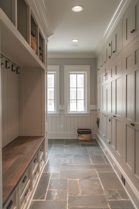 Muddy Room Ideas, Mudroom Door Ideas, Mudroom Modern Farmhouse, Mud Room Aesthetic, Mudroom Tile Floor Ideas Farmhouse, Best Mudroom Ideas, Mud Room Flooring Ideas Tile, Large Mud Room Ideas, Barndominium Mudroom