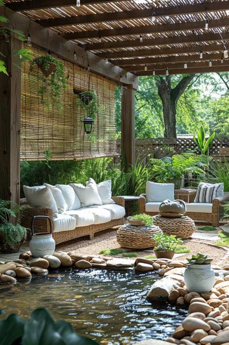 Master Foyer, Farmhouse Patio Ideas, Relaxing Patio, Rustic Pergola, Beach Style Decorating, Diy Backyard Patio, Farmhouse Patio, Garden Nook, Eclectic Living