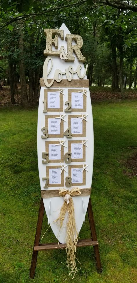 Surfboard seating chart for wedding Surfer Wedding Ideas, Surf Themed Wedding, Surfboard Seating Chart, Wedding Surfboard, Beach Wedding Seating Chart, Seating Chart For Wedding, Surfer Wedding, Crafty Wedding, Wedding Seating Chart Display