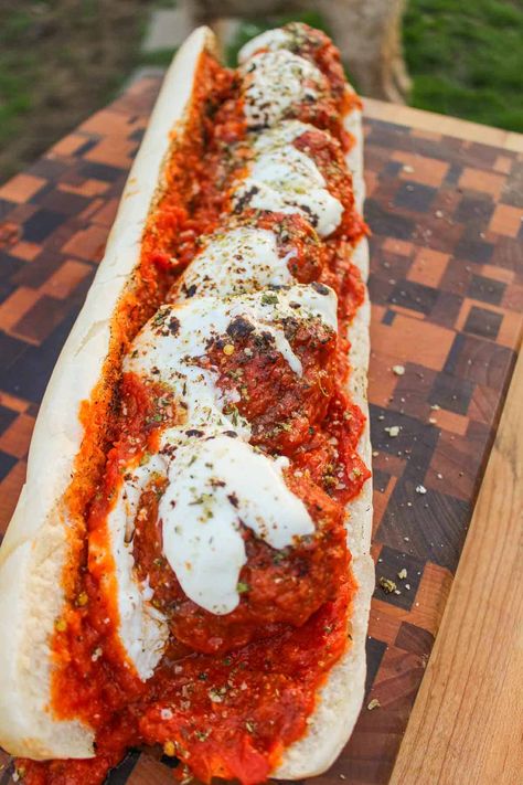 Smoked Meatball Sub - Over The Fire Cooking Ground Pork And Beef, Smoked Meatballs, Smoked Corned Beef, Meatball Sub Recipe, Hoagie Sandwiches, Campfire Breakfast, Over The Fire Cooking, Campfire Recipes, Cooking Over Fire