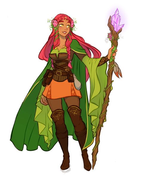 Dnd Poses Reference, Dnd Mage Character Art, Druid Pose Reference, Female Druid Character Design, Fancy Character Design, Character Design Inspiration Girl, Dryad Character Design, Druid Fashion, Fairy Dnd Character