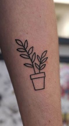 Flower Pot Tattoo Simple Plant Tattoo Design, Plant Pot Tattoo Simple, Easy Plant Tattoo, Plant Mom Tattoo Ideas, Simple Houseplant Tattoo, Flowers In A Pot Tattoo, Indoor Plant Tattoo Sleeve, Tiny Potted Plant Tattoo, Plant Related Tattoos