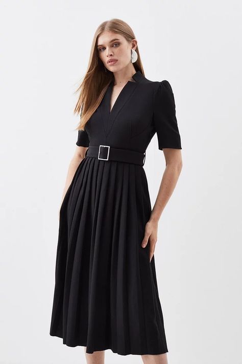 Work Outfits | Business Casual Outfits | Karen Millen Belted Midi Dress, Style Savvy, Tailored Dress, Black Midi, Pleated Midi Dress, Crepe Fabric, Karen Millen, Black Midi Dress, Flare Skirt