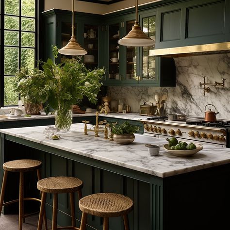 I decided to do a deep dive into what a “conservatory kitchen” might look like, and here are a few fantasy kitchens ! Most of us don’t… | Instagram Moody Kitchen, Top Kitchen Trends, Dark Green Kitchen, Green Kitchen Designs, Green Kitchen Cabinets, Green Cabinets, Kitchen Trends, Kitchen Inspiration Design, Decoration Inspiration