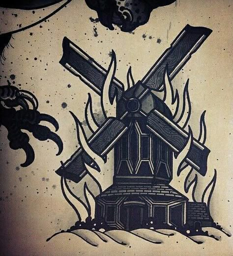 Dark Black Traditional Tattoos, Traditional Windmill Tattoo, Building On Fire Tattoo, Building Tattoo Design, Traditional Fire Tattoo, Mill Tattoo, Dark Traditional Tattoo, Trad Sleeve, Windmill Tattoo