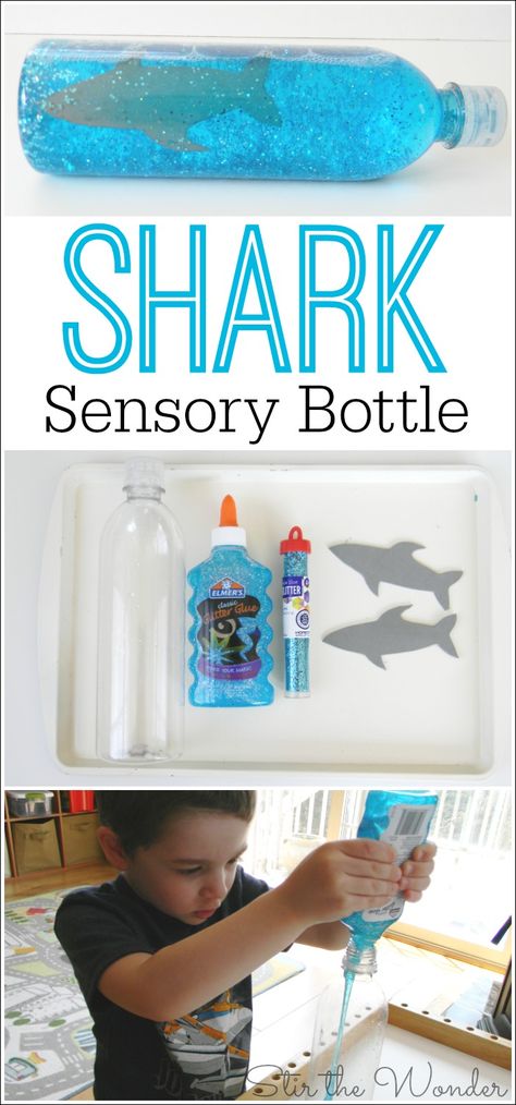 Shark Sensory Bottle | Stir The Wonder Sensory Bottles Preschool, Calm Down Jar, Shark Activities, Calm Down Bottle, Shark Craft, Discovery Bottles, Sensory Bottle, Sensory Bottles, Ocean Crafts