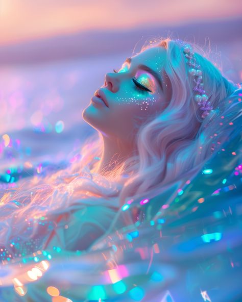 Iridescent Dreams ✨💖 As the sun dipped below the horizon, the Moonlit Maidens wandered along the shore, their long white hair flowing in the breeze and iridescent dresses catching the last rays of light 🌅✨ Care to join the Moonlit Maidens for a sunset spectacle? Happy Weekend 🥂 Love, Marloes #sprinkleofai #iridescent #iridescence #shimmer #holographic #pastel #mermaid #beachvibes #sunset Hair Flowing, Pastel Mermaid, Outfit Verano, Long White Hair, Iridescent Dress, الفن الرقمي, Mermaid Cove, Rays Of Light, Hair Flow