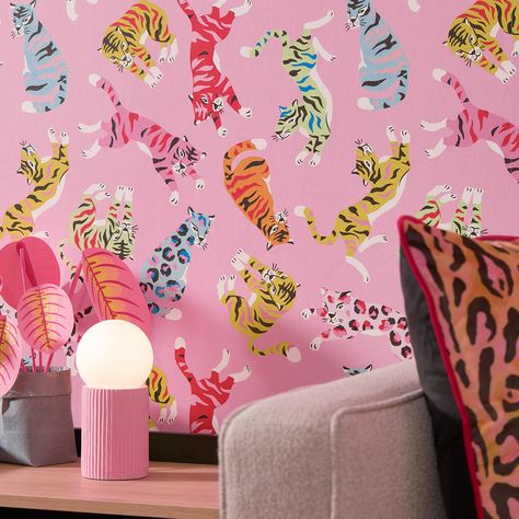 Unleash your wild side and get playful with colour with our bright tiger wallpaper. Featuring tumbling tigers in hot pink, blue and orange on a bubblegum pink background. A colourful print that’s made to stand out, you can have plenty of fun with this wallpaper by hanging in a bedroom or bathroom. Blue Pink Playroom, Bright Wallpaper Kids Room, Funky Wallpaper Bedroom Accent Walls, Fun Wallpaper Seamless, Blue Pink Wallpaper Bedroom, Pink Printed Wallpaper, Colored Wallpaper Decals, Powder Bath Wallpaper Colorful, Office Wallpaper Fun