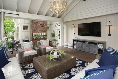 Beautiful Homes of Instagram Screened Porch Tv Wall, Porch With Tv Ideas, Covered Deck With Tv Wall, Covered Patio Tv Ideas, Back Porch With Tv, Covered Patio With Tv, Gable Porch, Florida Farmhouse, Wall Effects