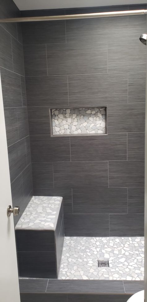 Shower Remodel Gray Tile, Gray Tiled Bathrooms Ideas, Gray Bathroom Flooring Ideas, Large Tiled Shower Ideas, Large Gray Tile Shower Ideas, Penny Floor Shower Tile, Gray Tiled Showers Walk In, Tile Ideas For Small Showers, Shower Tile Small Bathroom