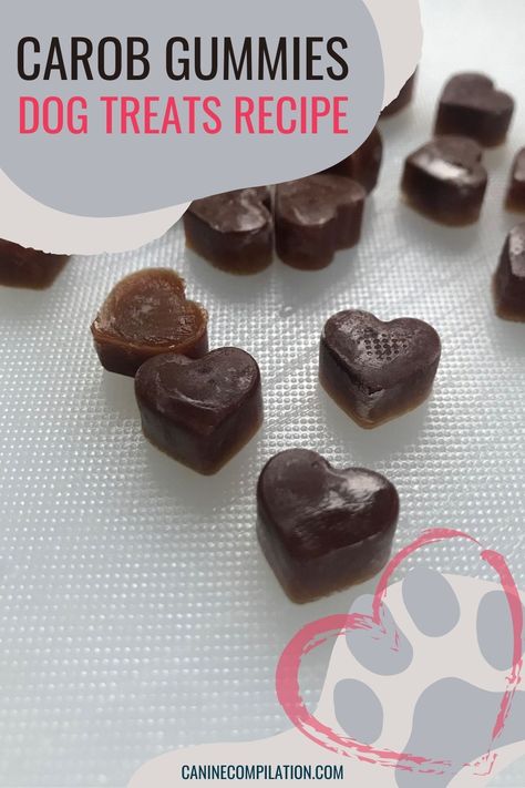 Share the love with your fur-baby by whipping up these carob gummy dog treats. It's a simple recipe that takes less then 10 minutes to prepare. Carob Powder Recipes For Dogs, Dog Candy Recipe, Dog Brownies Recipe, Carob Dog Treats Recipes, Dog Gummies Recipes, Dog Gummies, Carob Dog Treats, Gummy Hearts, 3 Ingredient Dog Treats