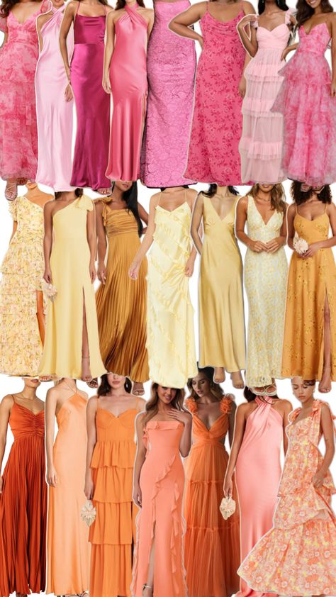 Sunset Palette Bridesmaid Dresses, Italian Wedding Bridesmaids Dresses, Sunset Color Bridesmaid Dresses, Italian Wedding Dress Guest, Pastel Wedding Guest Dress, Light Orange Bridesmaid Dresses, Italian Wedding Guest Dress, Sunset Bridesmaid Dresses, Spring Wedding Bridesmaids