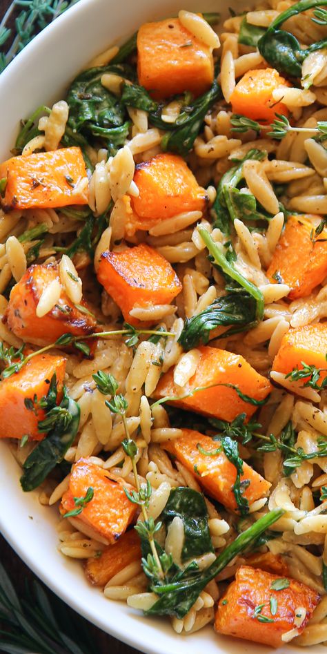 Creamy Orzo Pasta with Butternut Squash and Spinach in a white bowl. Pasta With Butternut Squash, Creamy Orzo Pasta, Butternut Squash And Spinach, Creamy Orzo, Butternut Squash Pasta, Orzo Recipes, Butternut Squash Recipes, Fall Dinner Recipes, Orzo Pasta