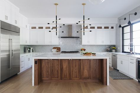 Walnut kitchen island White kitchen featuring an open layout and a stunning Walnut kitchen island Walnut kitchen island #Walnutkitchenisland Waterfall Kitchen Island, Walnut Kitchen Island, Waterfall Island Kitchen, Walnut Island, Waterfall Kitchen, Waterfall Countertop, Small Shower Remodel, Waterfall Island, Walnut Kitchen