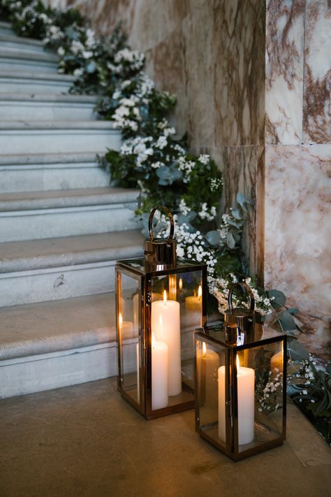 Holkham Hall Wedding, Candles On Stairs Wedding, Wedding Stairs Decoration, Marquee Styling, Lake View Wedding, Venue Entrance, Wedding Decoration Outdoor, Holkham Hall, Ceremony Backdrop Indoor