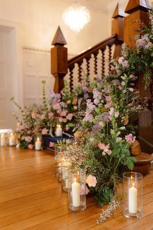 Highley Manor, Floral Staircase, Staircase Installation, Wedding In Spring, Wildflower Wedding Theme, Crystal Bouquet, Vintage Crockery, Reception Flowers, Manor Wedding