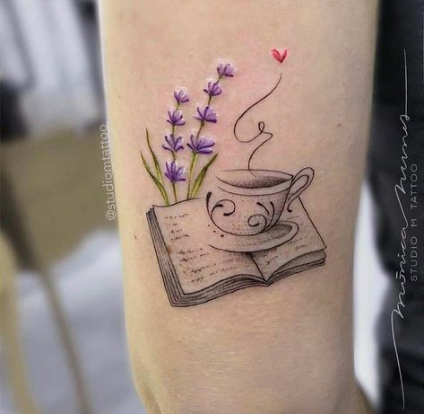 Mom loved to read, drink tea and loved the smell of lavender Colorful Book Tattoo Ideas, Book Floral Tattoo, Book Tattoo Ideas For Women, Rachel Tattoo, Police Tattoos, Tattoos For Readers, Bookworm Tattoo, Writer Tattoo, Book Inspired Tattoos