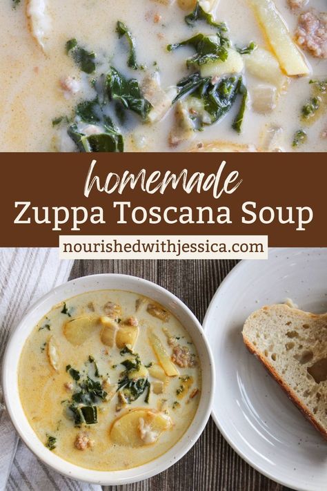 Homemade Zuppa Toscana Soup (Easy One Pot Dinner) - Nourished with Jessica Roasted Chicken Dutch Oven, Zupa Toscana Soup, Chicken Dutch Oven, Soup Wedding, Stovetop Soup, Zuppa Toscana Soup Olive Garden, Soup One Pot, Cozy Winter Dinner, Italian Soups