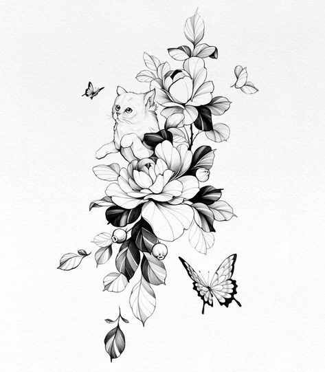 Bird Tattoo Ideas, Bird And Flower Tattoo, Tattoos Sketches, Chicanas Tattoo, Hip Thigh Tattoos, Flower Tattoo Drawings, Floral Tattoo Sleeve, Cat Tattoo Designs, Peonies Tattoo