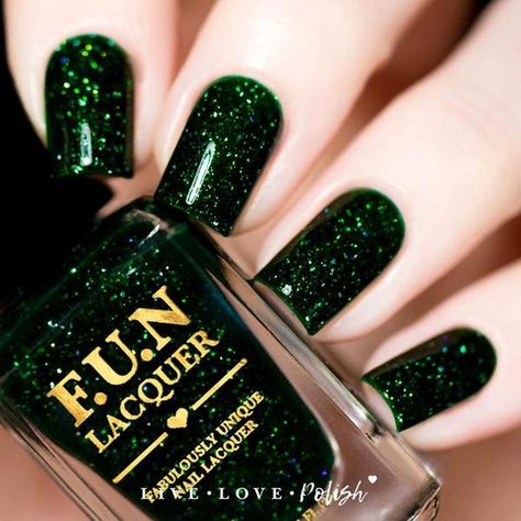 Green Sparkly Prom Dresses, Green Sparkly Nails, Lights In The Kitchen, Sparkly Nail Polish, Jelly Polish, Fun Lacquer, Green Jelly, Dark Green Nails, Makeup Shades