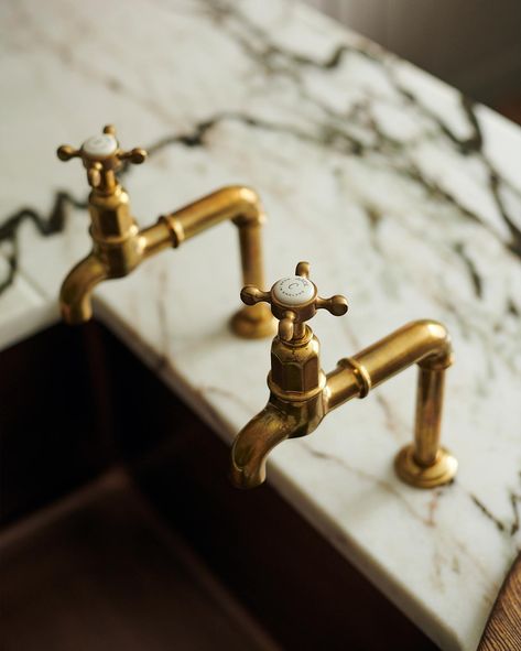 deVOL Aged Brass Ionian Tap | deVOL Kitchens Laundry Faucet, Brass Pot Filler, Tuscan Farmhouse, Arabescato Marble, Devol Kitchens, Barn Kitchen, Brass Pot, Painted Cupboards, Brass Kitchen Faucet