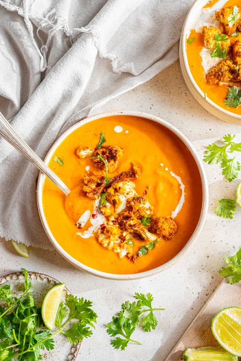 Sweet Potato Cauliflower Soup - PlantYou Potato Cauliflower Soup, Sweet Potato Cauliflower, Carleigh Bodrug, Paleo Soups, Healthy Vegetarian Dinner, Savory Soups, Fall Soups, Cauliflower Soup, Budget Friendly Recipes