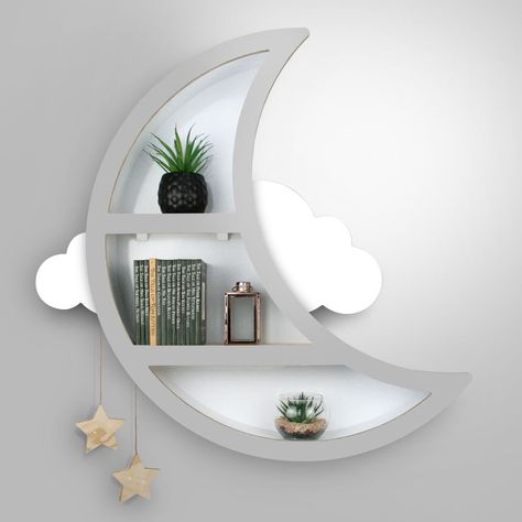 Moon Shelf Nursery, Cloud Theme Bedroom, Sky Theme Nursery, Sky Nursery Theme, Moon Nursery Theme, Moon And Stars Bedroom, Sky Themed Nursery, Moon Themed Nursery, Kids Book Storage Ideas