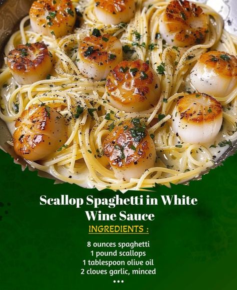 Spice Crafted Scallop Spaghetti, Scallop Pasta, White Wine Sauce, Scallop Recipes, Wine Sauce, Recipe Ingredients, Fish Dishes, Grated Parmesan Cheese, 1 Pound