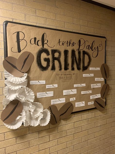 College Doors For Classroom, Coffee Theme Bulletin Board Ideas, Starbucks Door Decs, Bulletin Board Ideas For College Student, Coffee Ra Bulletin Board, Ghost Ra Bulletin Board, Back To The Daily Grind Bulletin Board, Meet The Staff Bulletin Board Ideas Office, Cafe Bulletin Board Ideas