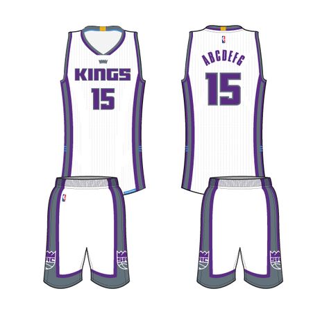 Sacramento Kings Uniform Home Uniform (2016/17-Pres) - 'Kings' on in purple on white uniform with grey trim. 'SAC' alt. logo on shorts, king's crown at the bottom of the jersey collar. SportsLogos.Net White Uniform, King's Crown, Word Mark Logo, Virtual Museum, Sports Logos, Sacramento California, Kings Crown, Sacramento Kings, Grey Trim